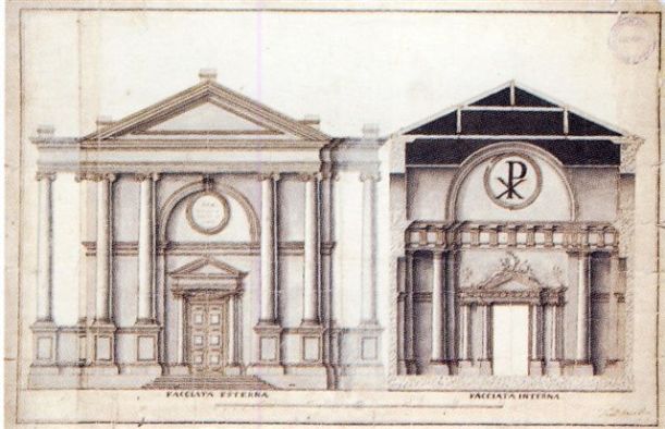 F. M. Preti, prospetto della facciata esterna ed esterna della chiesa di S. Andrea di Tombolo.